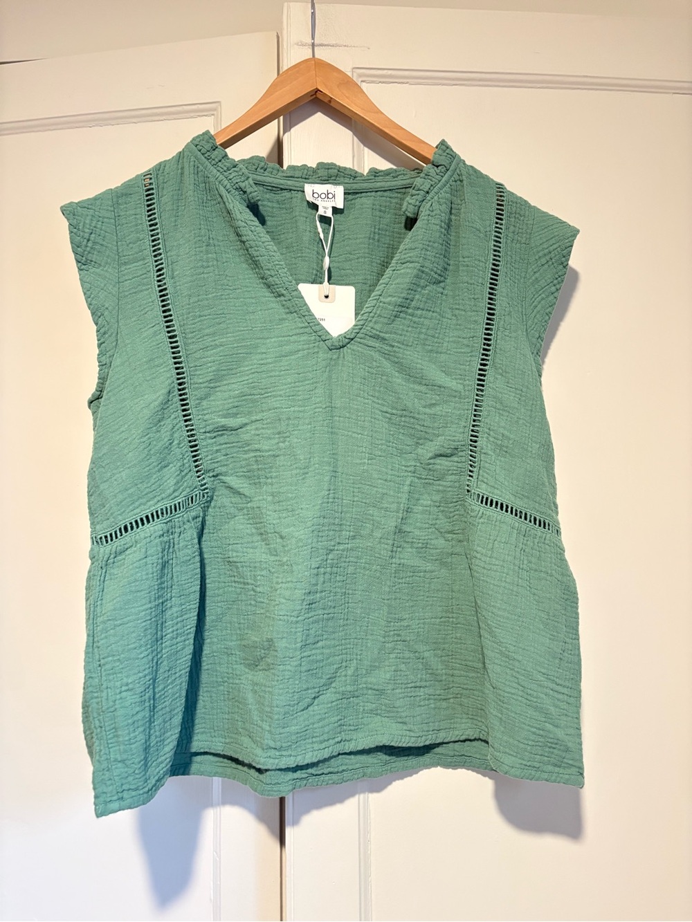 Bobi Green Cotton Gauze Flutter Sleeve Blouse